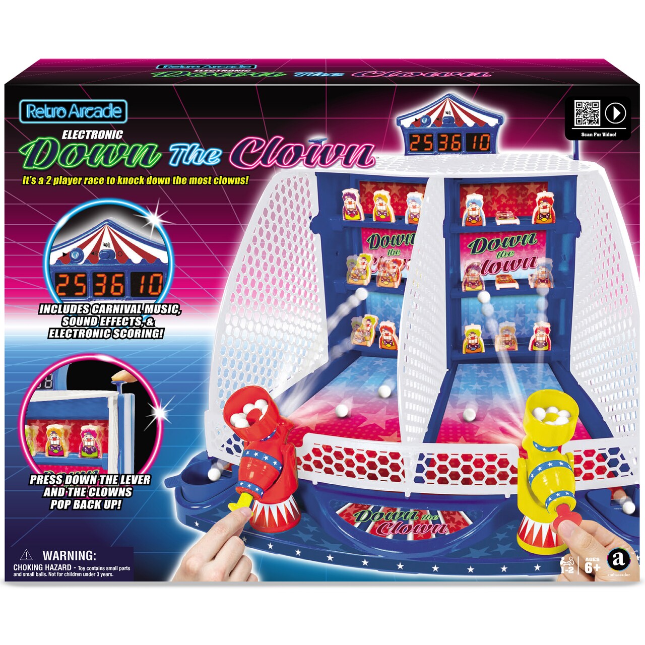 Retro Arcade Electronic: Down The Clown - Tabletop Game, Sound Effects, Electronic Scoreboard, 2 Players, Ages 6+